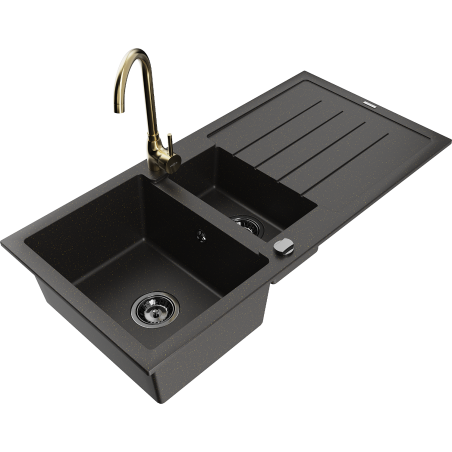 Mexen Andres fregadero de granito 1,5 senos con escurridor y grifo de cocina Telma, negro/dorado - 6515-75-670200-50-B