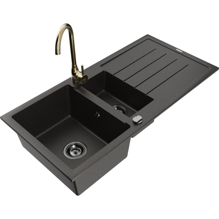 Mexen Andres granit gootsteen 1,5-komoren met afdruiprek en keukenmengkraan Telma, zwart/goud - 6515-75-670200-50-B