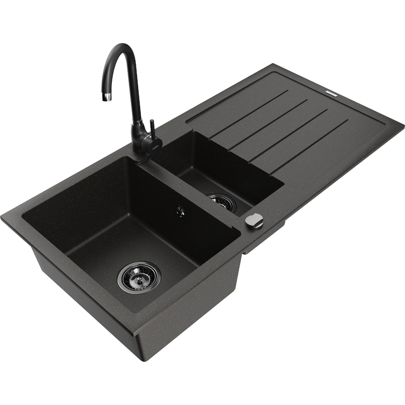 Mexen Andres 1,5-kammeregen Granit-Spullsteen mat Drain an Kichendëpp Telma, schwaarz/gold - 6515-75-670200-70-B