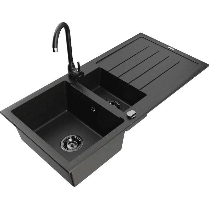 Mexen Andres lava-louça de granito 1,5-bacia com escorredor e torneira de cozinha Telma, preto/dourado - 6515-75-670200-70-B