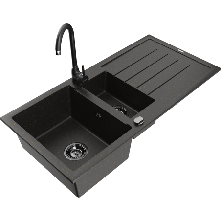 Mexen Andres fregadero de granito de 1,5 senos con escurridor y grifo de cocina Telma, negro/oro - 6515-75-670200-70-B