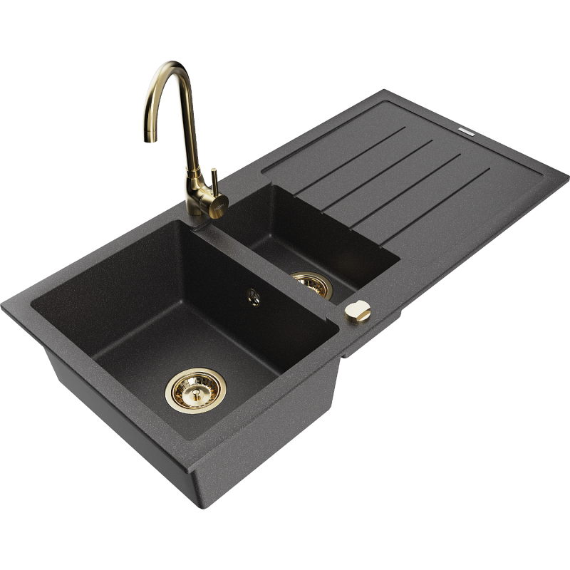 Mexen Andres granitdiskbänk 1,5-fack med avtillningsyta och kökskran Telma, svart spräcklig - 6515-76-670200-50