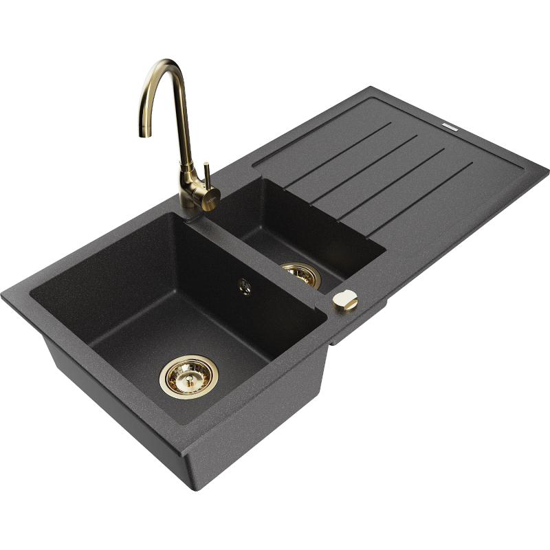 Mexen Andres Granite Sink 1.5-Bowl with Drainer and Telma Kitchen Tap, Speckled Black - 6515-76-670200-50