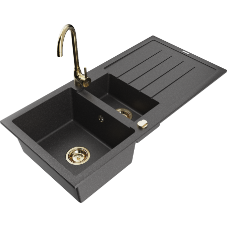 Mexen Andres fregadero de granito de 1,5 senos con escurridor y grifo de cocina Telma, negro moteado - 6515-76-670200-50
