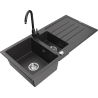 Mexen Andres granieten gootsteen 1,5-komor met afdruiprek en keukenkraan Telma, zwart gespikkeld - 6515-76-670200-70