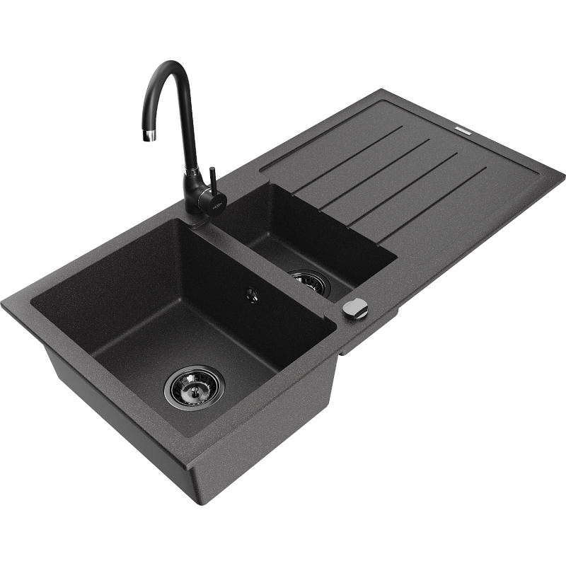 Mexen Andres fregadero de granito 1,5 cámaras con escurridor y grifo de cocina Telma, negro moteado - 6515-76-670200-70-B