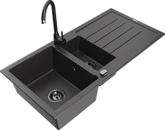 Mexen Andres granite sink 1.5-bowl with drainer and Telma kitchen tap, black speckled - 6515-76-670200-70-B