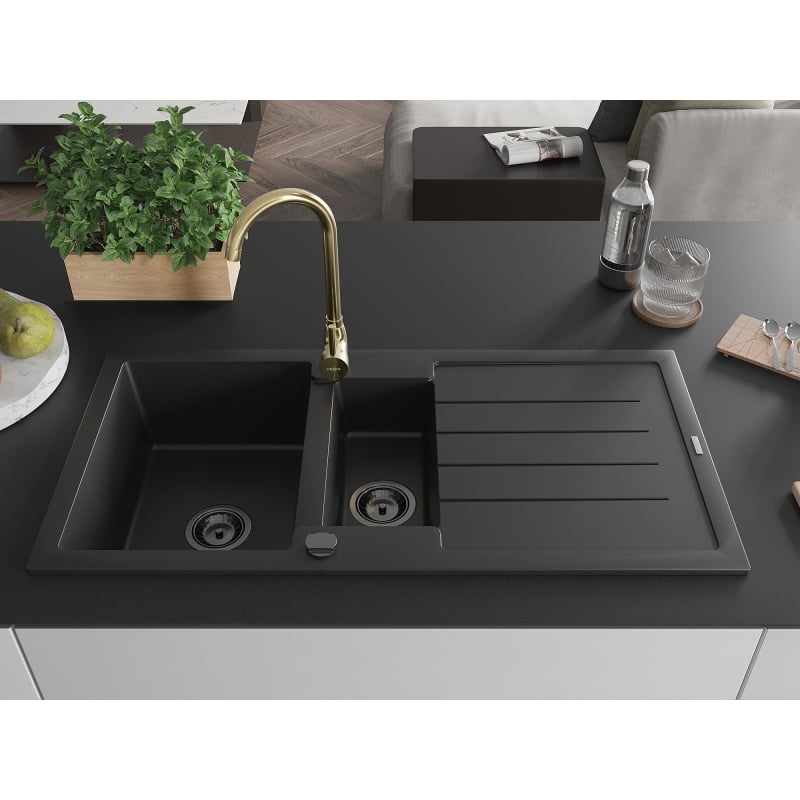 Mexen Andres granit gootsteen met 1,5 kamers met afdruiprek en keukenkraan Telma, zwart - 6515-77-670200-50-B