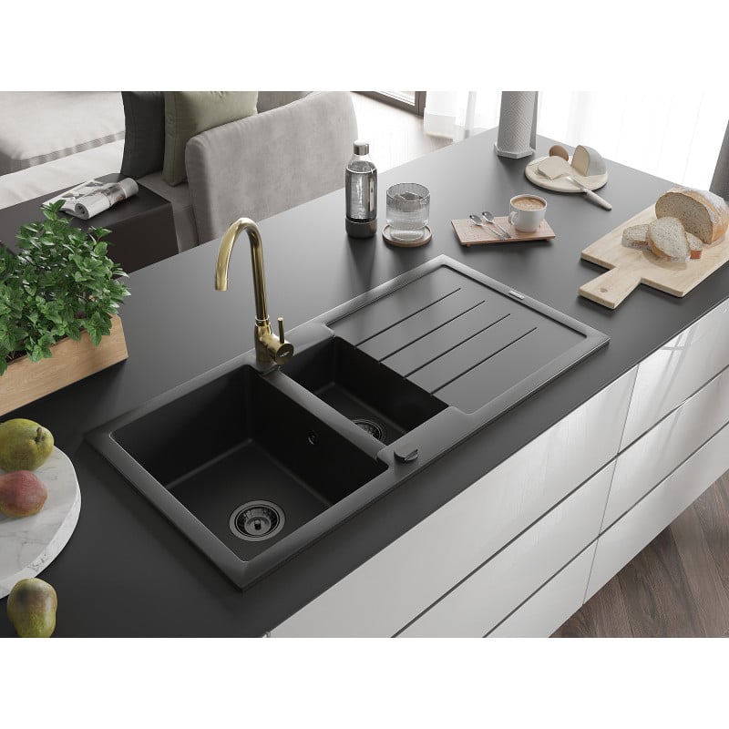 Mexen Andres granite sink 1.5-bowl with drainer and Telma kitchen tap, black - 6515-77-670200-50-B