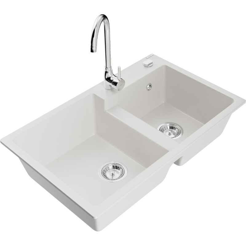 Mexen Tomas fregadero de granito de 2 compartimentos con grifo de cocina Telma, blanco - 6516-20-670200-00