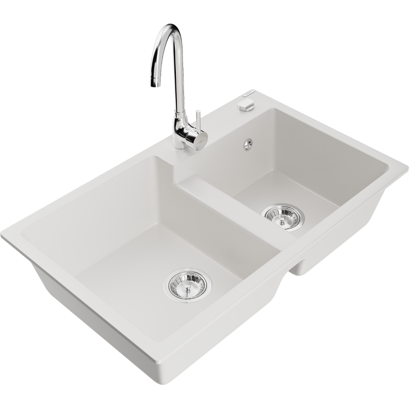 Mexen Tomas fregadero de granito de 2 senos con grifo de cocina Telma, blanco - 6516-20-670200-00