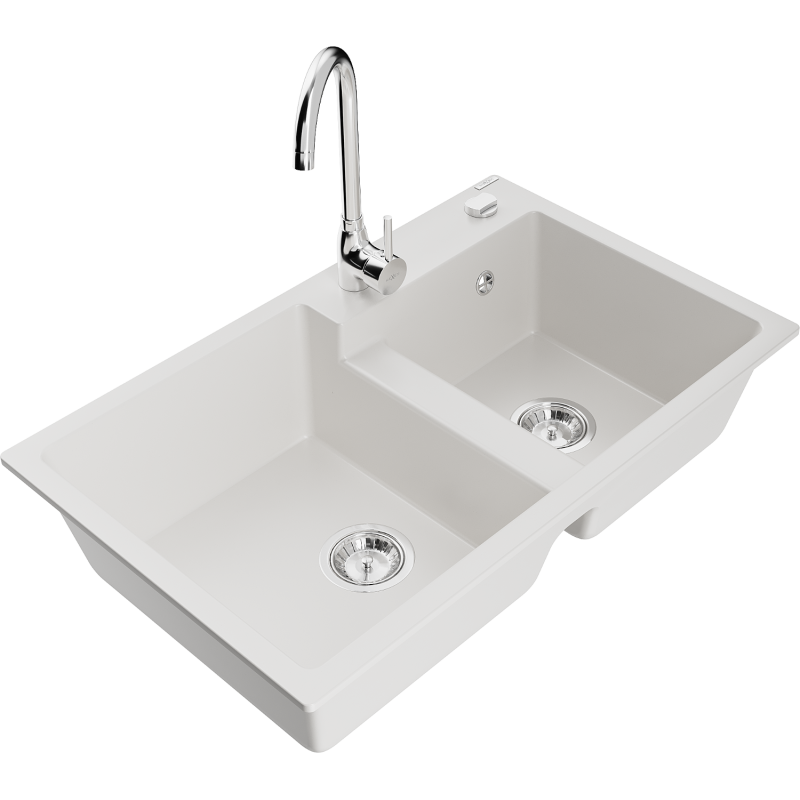 Mexen Tomas lava-louça em granito com 2 cubas e torneira de cozinha Telma, branco - 6516-20-670200-00