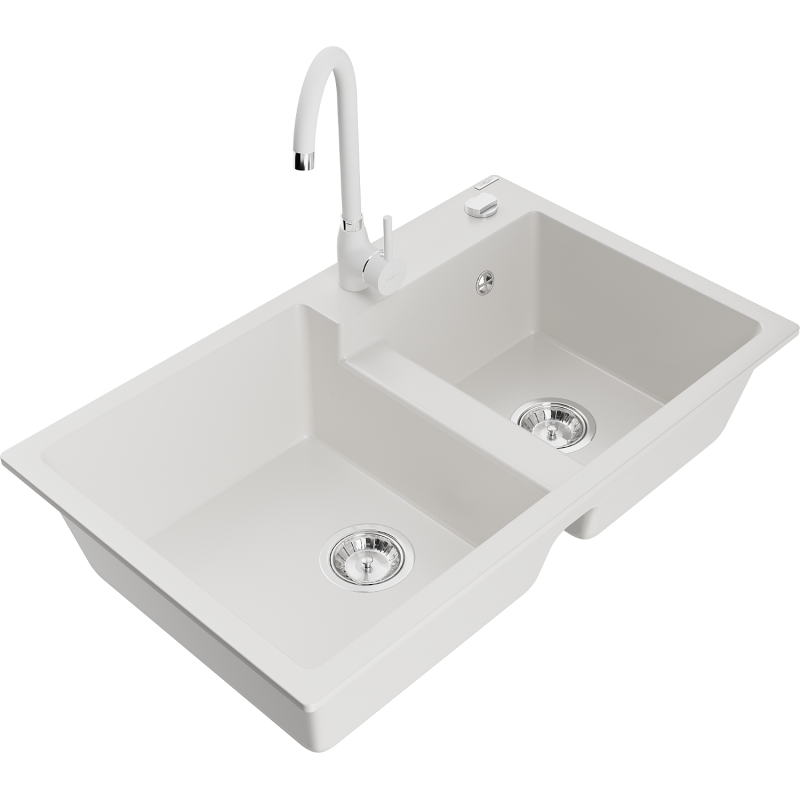 Mexen Tomas lava-loiça de granito de 2 bacios com torneira de cozinha Telma, branco - 6516-20-670200-20