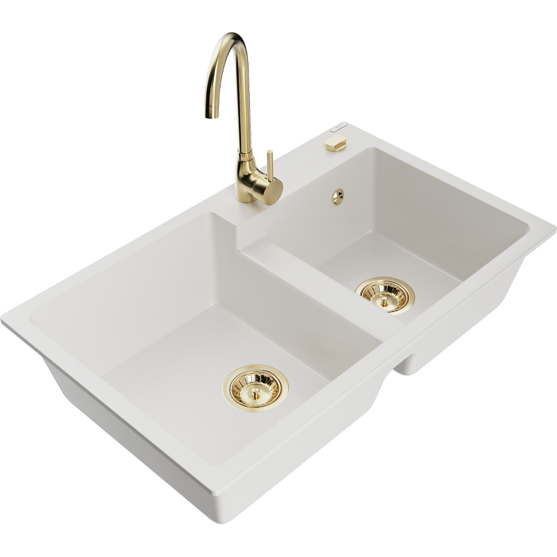 Mexen Tomas granite sink 2-bowl with Telma kitchen tap, white - 6516-20-670200-50