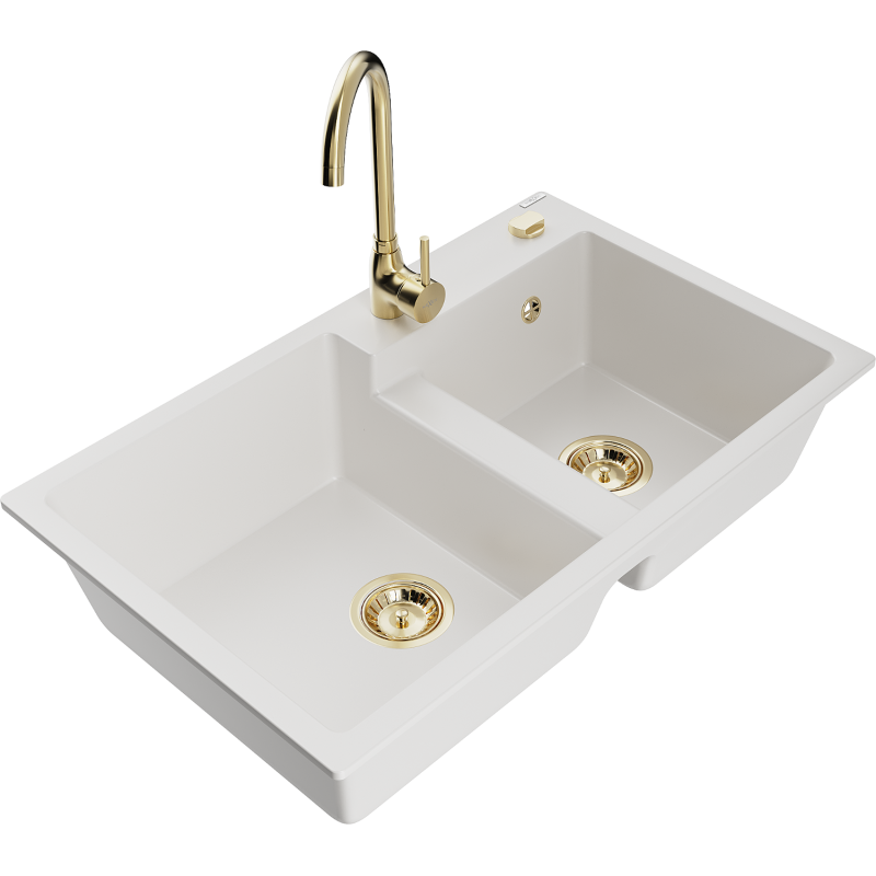 Mexen Tomas lava-louça de granito de 2 câmaras com torneira de cozinha Telma, branco - 6516-20-670200-50