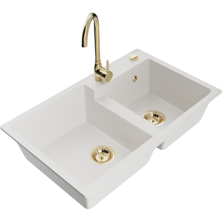Mexen Tomas granite sink 2-bowl with Telma kitchen tap, white - 6516-20-670200-50