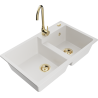 Mexen Tomas granite sink 2-bowl with Telma kitchen tap, white - 6516-20-670200-50