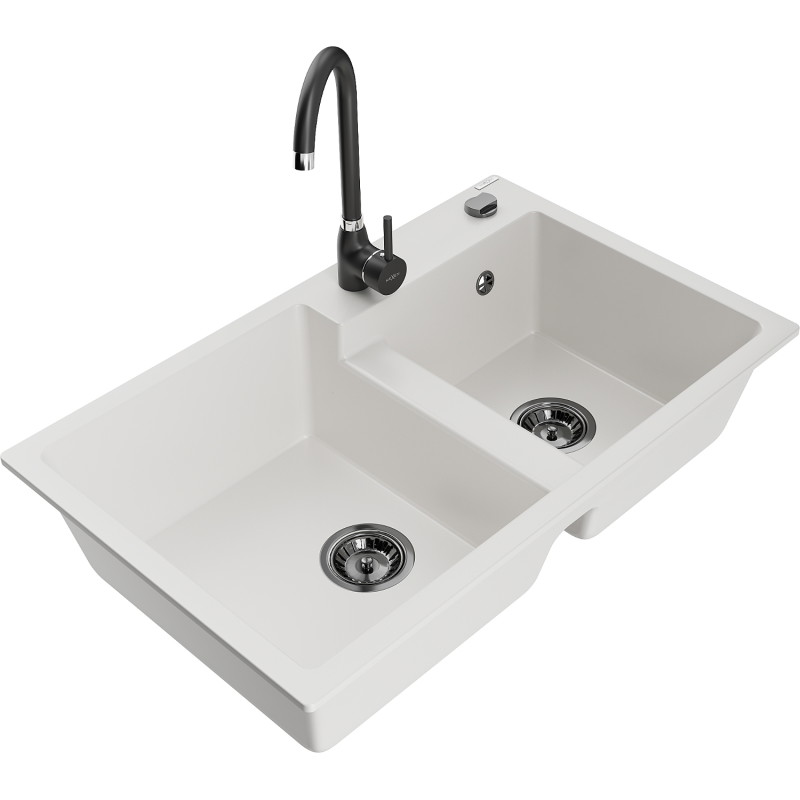 Mexen Tomas fregadero de granito de 2 cubetas con grifo de cocina Telma, blanco - 6516-20-670200-70