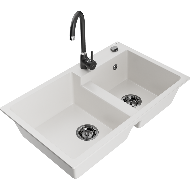 Mexen Tomas granitizlietne izlietne ar 2 kamerām un virtuves krānu Telma, balta - 6516-20-670200-70