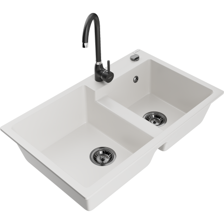 Mexen Tomas fregadero de granito de 2 cubetas con grifo de cocina Telma, blanco - 6516-20-670200-70