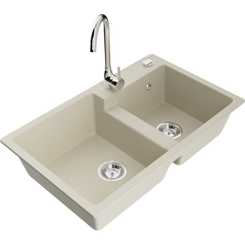 Mexen Tomas fregadero de granito de 2 senos con grifo de cocina Telma, beige - 6516-69-670200-00