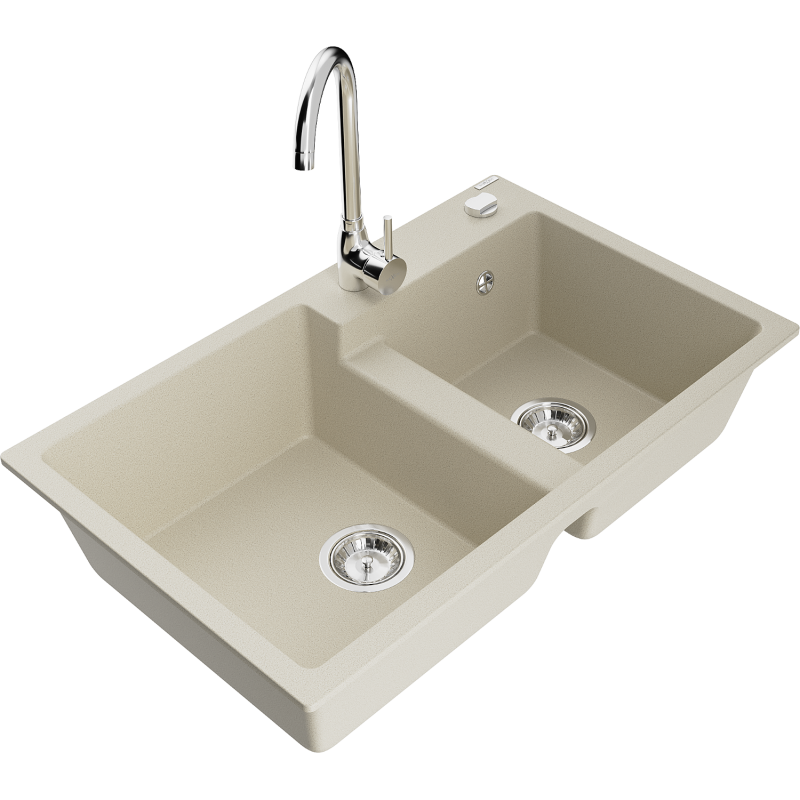 Mexen Tomas granieten spoelbak met 2 kamers en keukenmengkraan Telma, beige - 6516-69-670200-00