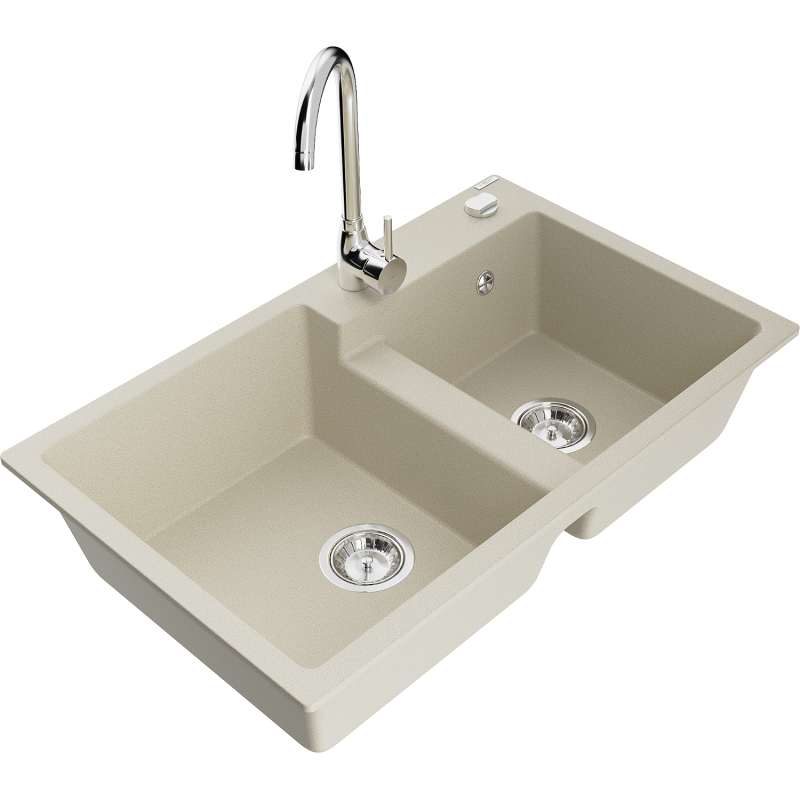 Mexen Tomas granite sink 2-bowl with Telma kitchen tap, beige - 6516-69-670200-00