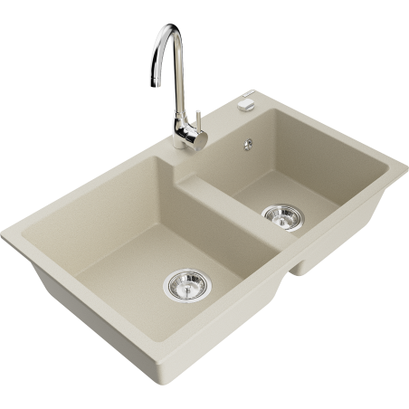 Mexen Tomas granieten spoelbak met 2 kamers en keukenmengkraan Telma, beige - 6516-69-670200-00