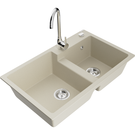 Mexen Tomas granite sink 2-bowl with Telma kitchen tap, beige - 6516-69-670200-00