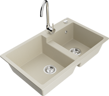 Mexen Tomas granieten spoelbak met 2 kamers en keukenmengkraan Telma, beige - 6516-69-670200-00