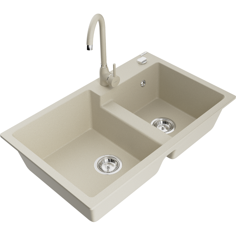 Mexen Tomas granite sink 2-bowl with Telma kitchen tap, beige - 6516-69-670200-69