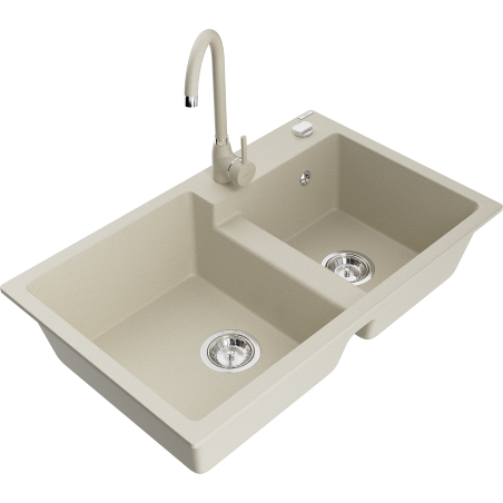 Mexen Tomas Granitspüle 2-beckig mit Küchenarmatur Telma, beige - 6516-69-670200-69