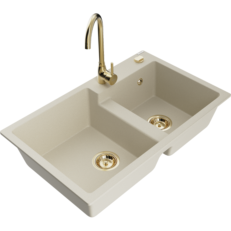 Mexen Tomas Granite Sink 2-Bowl with Telma Kitchen Tap, Beige - 6516-69-670200-50