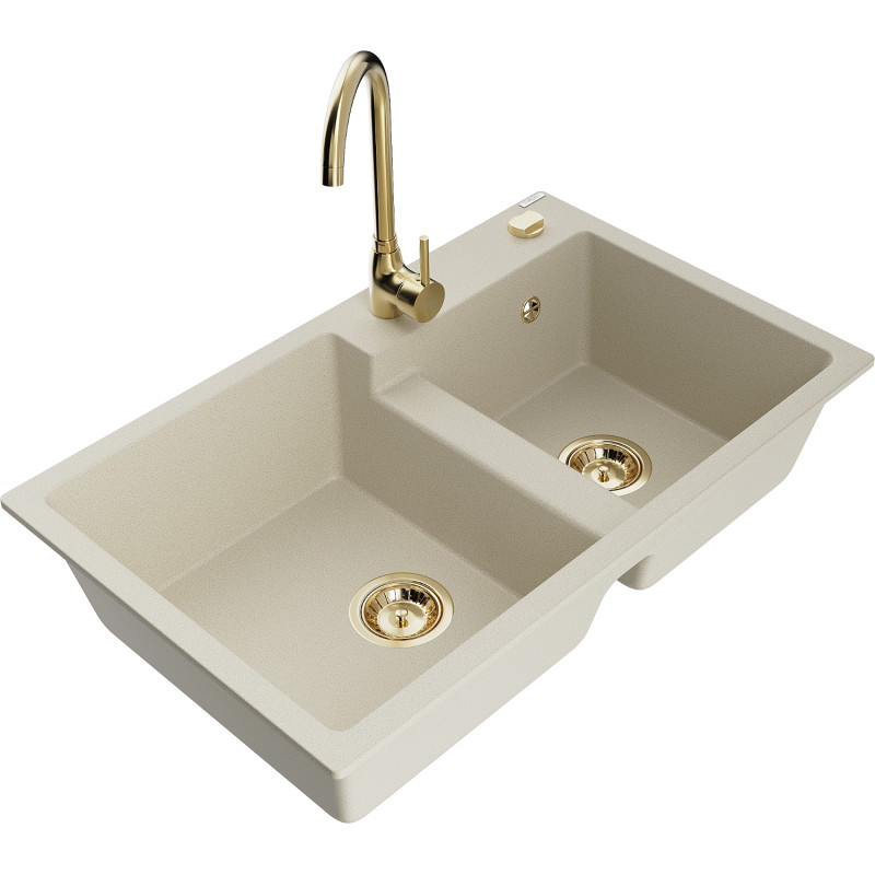 Mexen Tomas granitische spoelbak met 2 compartimenten en keukenkraan Telma, beige - 6516-69-670200-50