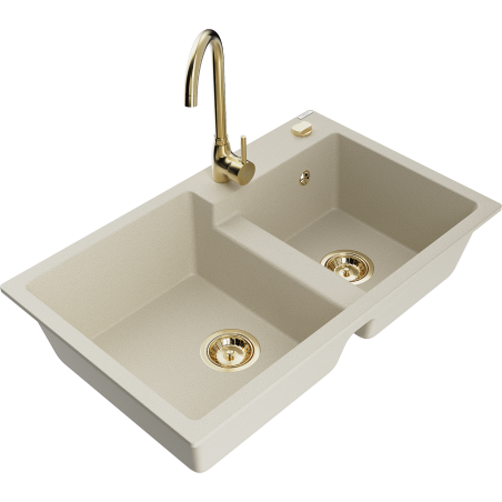 Mexen Tomas 2-Kammer Granitspüle mit Küchenarmatur Telma, beige - 6516-69-670200-50