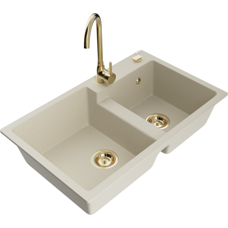 Mexen Tomas évier en granit à 2 bacs avec robinet de cuisine Telma, beige - 6516-69-670200-50