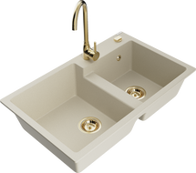 Mexen Tomas granieten gootsteen 2-kamer met keukenmengkraan Telma, beige - 6516-69-670200-50