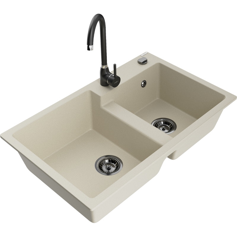 Mexen Tomas Granit-Spülbecken mit 2 Becken und Küchenarmatur Telma, beige - 6516-69-670200-70