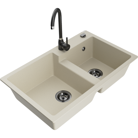 Mexen Tomas fregadero de granito de 2 senos con grifo de cocina Telma, beige - 6516-69-670200-70