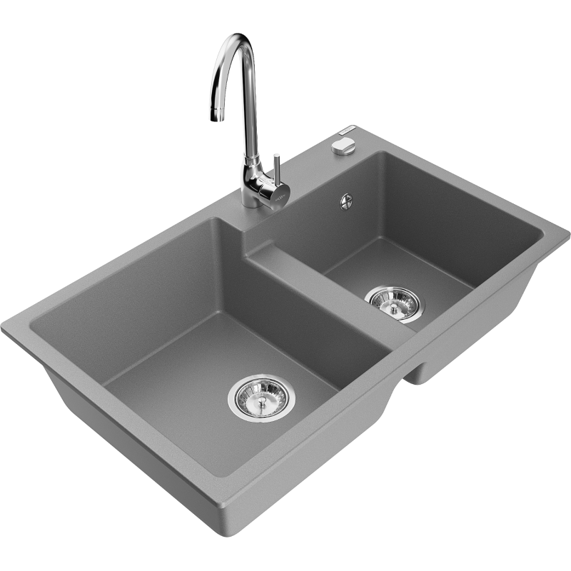 Mexen Tomas granite sink 2-bowl with Telma kitchen tap, grey - 6516-71-670200-00