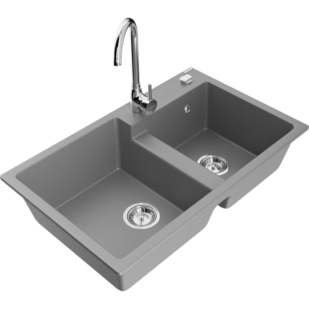 Mexen Tomas granite sink 2-bowl with Telma kitchen tap, grey - 6516-71-670200-00