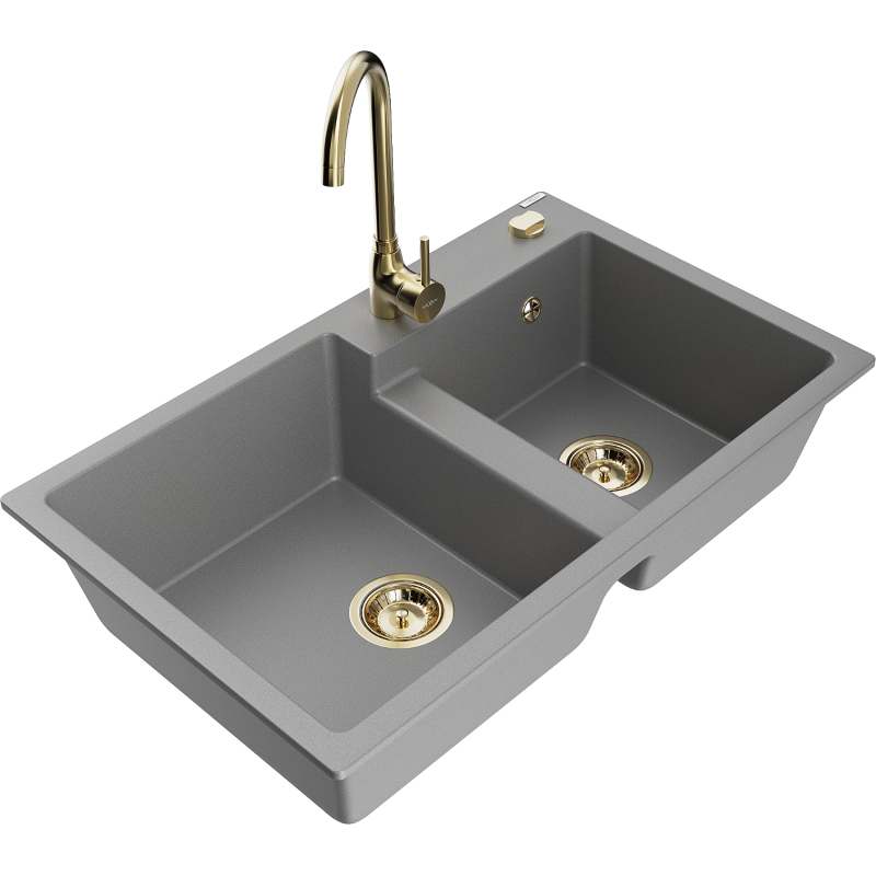 Mexen Tomas évier en granit à 2 bacs avec robinet de cuisine Telma, gris - 6516-71-670200-50
