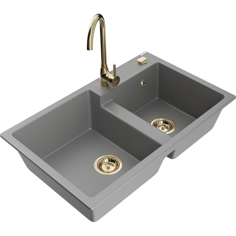 Mexen Tomas fregadero de granito de 2 senos con grifo de cocina Telma, gris - 6516-71-670200-50