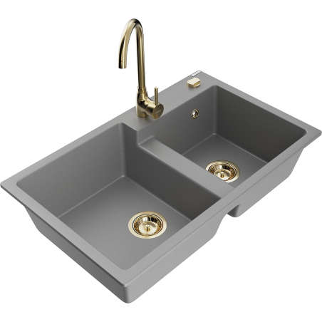 Mexen Tomas fregadero de granito de 2 senos con grifo de cocina Telma, gris - 6516-71-670200-50