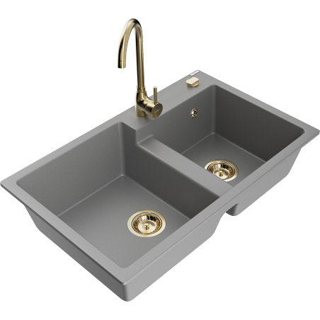 Mexen Tomas granite kitchen sink 2-bowl with Telma kitchen tap, grey - 6516-71-670200-50