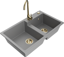 Mexen Tomas granite kitchen sink 2-bowl with Telma kitchen tap, grey - 6516-71-670200-50