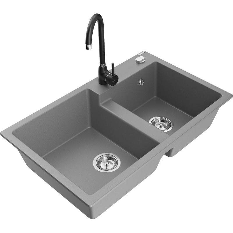 Mexen Tomas fregadero de granito de 2 cubetas con grifo de cocina Telma, gris - 6516-71-670200-70