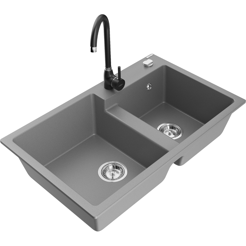 Mexen Tomas fregadero de granito de 2 senos con grifo de cocina Telma, gris - 6516-71-670200-70