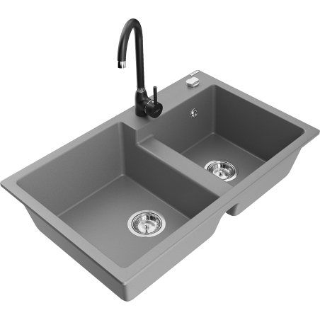 Mexen Tomas granite sink 2-bowl with Telma kitchen tap, grey - 6516-71-670200-70