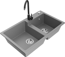 Mexen Tomas granite sink 2-bowl with Telma kitchen tap, grey - 6516-71-670200-70